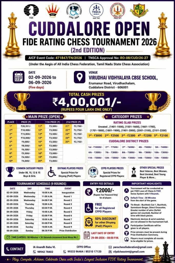 Cuddalore OPEN Fide Rating Chess Tournament 2026